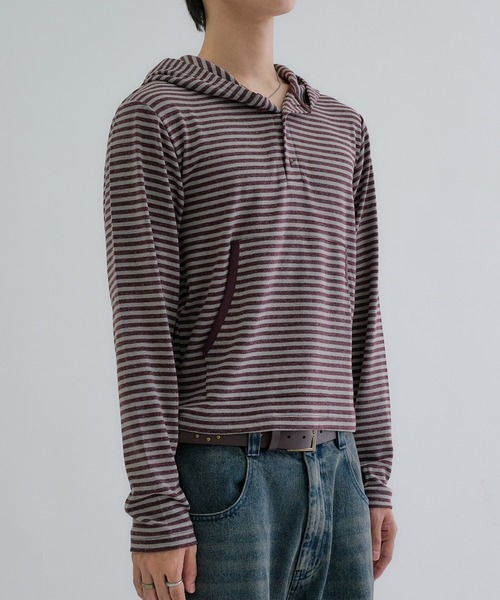 EPNK(イーピーエヌケー)の「Brushed Border Henley Hoodie / ブラッシュドボーダーヘンリーフーディ(パーカー・メンズ・ネイビー/ブラック/ボルドー/グレー・SMALL/LARGE/MEDIUM)」の9枚目の写真