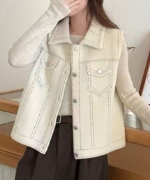 えりファー付きステッチ使い前ボタンベスト