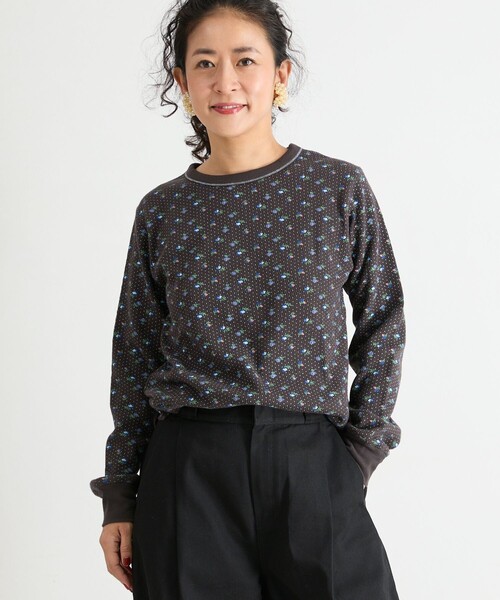 Freada(フリーダ)の「Freada/フリーダ 小花柄 サーマル プルオーバー(Tシャツ/カットソー・レディース・オフホワイト/ブラック・ONE SIZE)」の3枚目の写真