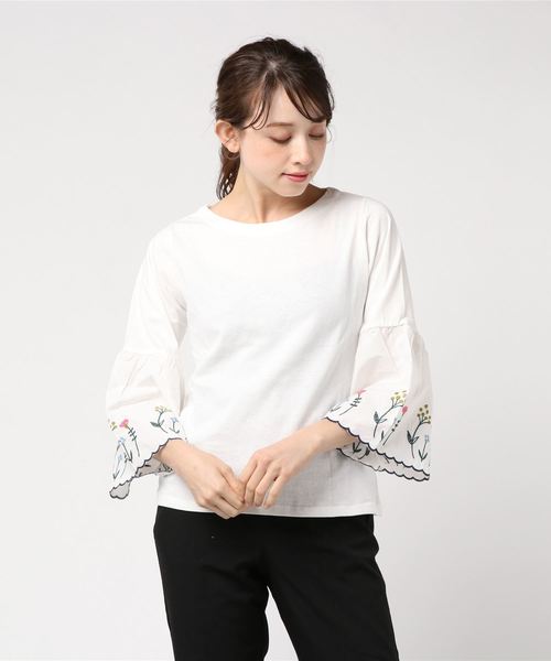 POU DOU DOU（プードゥドゥ）の「フラワー刺繍ベル袖トップス（Tシャツ/カットソー・レディース・ブラック/オフホワイト/ミント・3）」の5枚目の写真