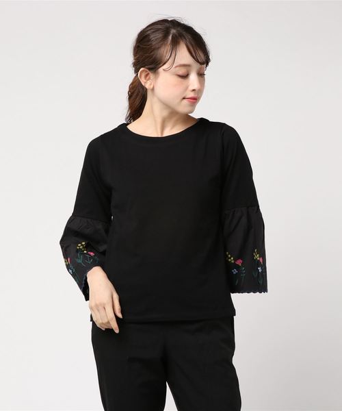 POU DOU DOU（プードゥドゥ）の「フラワー刺繍ベル袖トップス（Tシャツ/カットソー・レディース・ブラック/オフホワイト/ミント・3）」の8枚目の写真