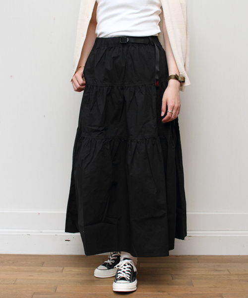 Gramicci（グラミチ）の「GRAMICCI / グラミチ ウェザーティアードスカート WEATHER TIERED SKIRT（スカート・レディース・ブラック/オリーブ/サンドベージュ/ドット/ネイビー・M）」の2枚目の写真