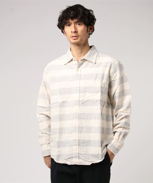 セール トップス コットンリネンボーダーシャツ シャツ ブラウス Hub Spoke ハブアンドスポーク のファッション