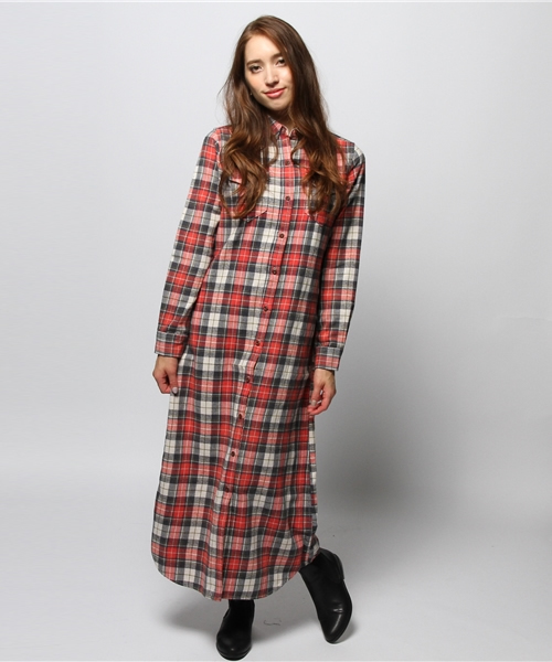 goa(ゴア)の「ケミカルバイオ加工 ネルチェックロングシャツ(ワンピース・レディース・A/B/C/D・FREE)」の2枚目の写真