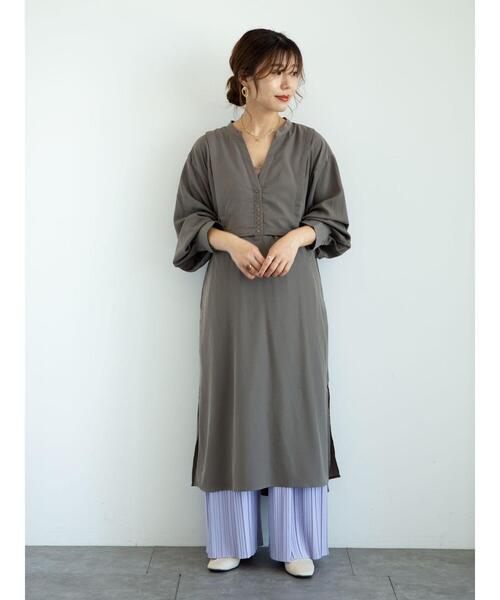 Sugar spoon（シュガースプーン）の「・SUGAR SPOON レイヤードシャツワンピ＊（ワンピース・レディース・チャコールグレー/ライトカーキ/ベージュ・FREE）」の5枚目の写真