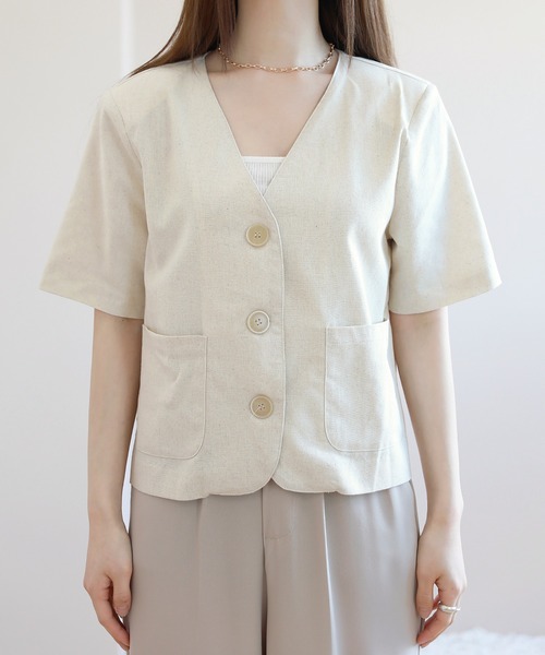 【新品未使用】plage ノーカラー half sleeve ジャケット36半袖 セール】麻ライク半袖ノーカラージャケット（ノーカラー