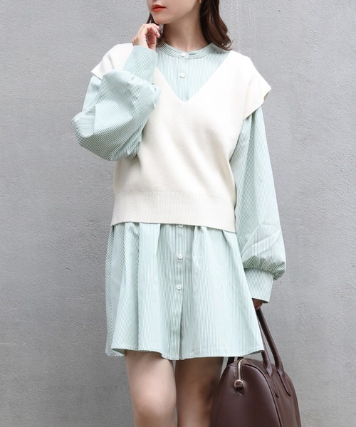 one after another NICE CLAUP(ワンアフターアナザーナイスクラップ)の「ニットベストセットシャツチュニック(チュニック・レディース・ブラウン/オフホワイト/グリーン・FREE)」の3枚目の写真