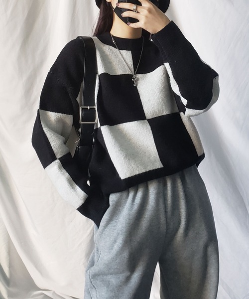 me+em select（ミームセレクト）の「ツートーンブロックチェックワイドニット（ニット/セーター・レディース・ブラック/ブラウン/グレー・FREE）」の4枚目の写真