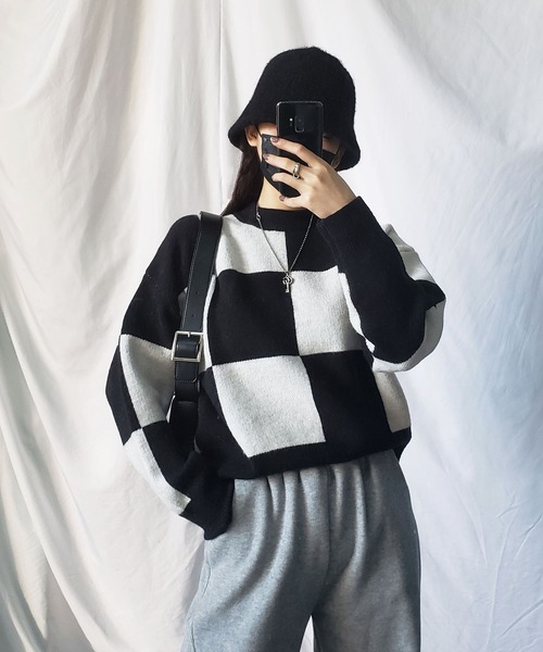 me+em select（ミームセレクト）の「ツートーンブロックチェックワイドニット（ニット/セーター・レディース・ブラック/ブラウン/グレー・FREE）」の7枚目の写真