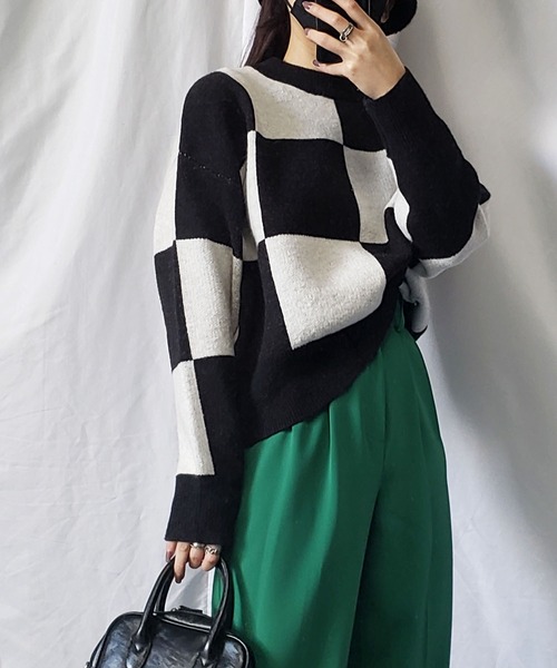me+em select（ミームセレクト）の「ツートーンブロックチェックワイドニット（ニット/セーター・レディース・ブラック/ブラウン/グレー・FREE）」の8枚目の写真