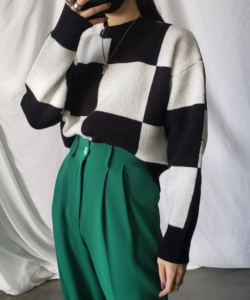 me+em select（ミームセレクト）の「ツートーンブロックチェックワイドニット（ニット/セーター・レディース・ブラック/ブラウン/グレー・FREE）」の9枚目の写真