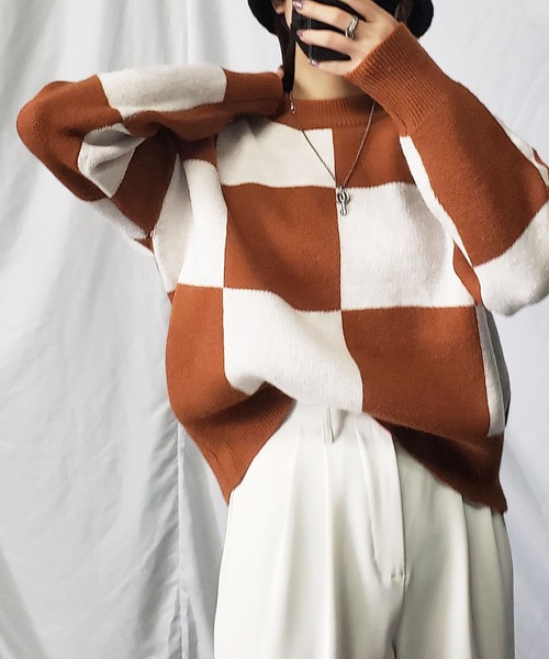 me+em select（ミームセレクト）の「ツートーンブロックチェックワイドニット（ニット/セーター・レディース・ブラック/ブラウン/グレー・FREE）」の15枚目の写真