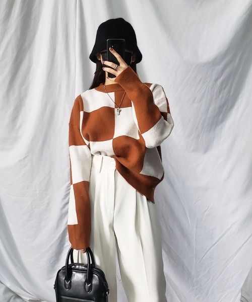 me+em select（ミームセレクト）の「ツートーンブロックチェックワイドニット（ニット/セーター・レディース・ブラック/ブラウン/グレー・FREE）」の17枚目の写真