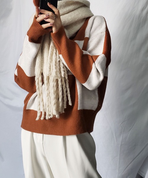 me+em select（ミームセレクト）の「ツートーンブロックチェックワイドニット（ニット/セーター・レディース・ブラック/ブラウン/グレー・FREE）」の19枚目の写真