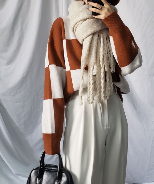 me+em select（ミームセレクト）の「ツートーンブロックチェックワイドニット（ニット/セーター・レディース・ブラック/ブラウン/グレー・FREE）」の20枚目の写真