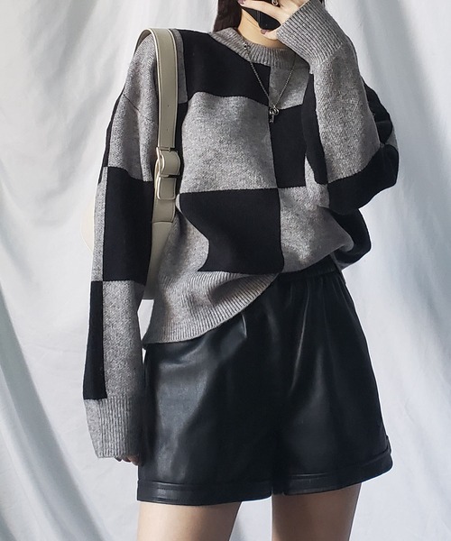 me+em select（ミームセレクト）の「ツートーンブロックチェックワイドニット（ニット/セーター・レディース・ブラック/ブラウン/グレー・FREE）」の11枚目の写真