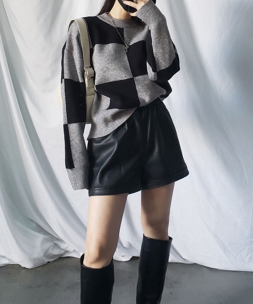 me+em select（ミームセレクト）の「ツートーンブロックチェックワイドニット（ニット/セーター・レディース・ブラック/ブラウン/グレー・FREE）」の13枚目の写真