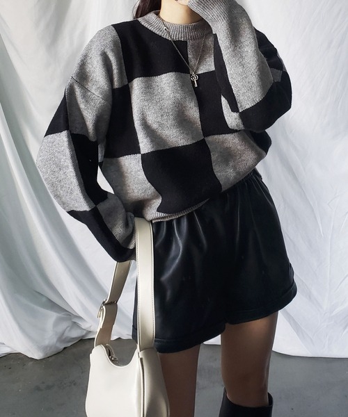 me+em select（ミームセレクト）の「ツートーンブロックチェックワイドニット（ニット/セーター・レディース・ブラック/ブラウン/グレー・FREE）」の12枚目の写真