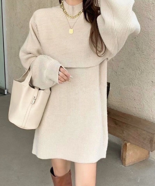 emi+（エミプラス）の「ハイネックリブニット＋ノースリーブワンピース２点セット（ワンピース・レディース・ブラック/アイボリー/モカ/グレー/ライトカーキ/ブラウン/ボルドー/ネイビー・FREE）」の12枚目の写真