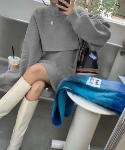 emi+（エミプラス）の「ハイネックリブニット＋ノースリーブワンピース２点セット（ワンピース・レディース・ブラック/アイボリー/モカ/グレー/ライトカーキ/ブラウン/ボルドー/ネイビー・FREE）」の14枚目の写真