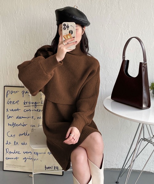 emi+（エミプラス）の「ハイネックリブニット＋ノースリーブワンピース２点セット（ワンピース・レディース・ブラック/アイボリー/モカ/グレー/ライトカーキ/ブラウン/ボルドー/ネイビー・FREE）」の20枚目の写真