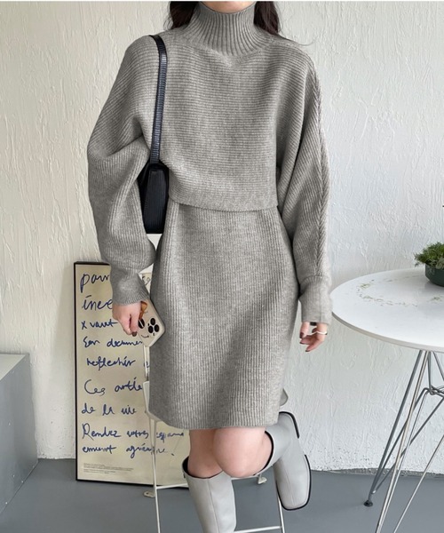 emi+（エミプラス）の「ハイネックリブニット＋ノースリーブワンピース２点セット（ワンピース・レディース・ブラック/アイボリー/モカ/グレー/ライトカーキ/ブラウン/ボルドー/ネイビー・FREE）」の22枚目の写真