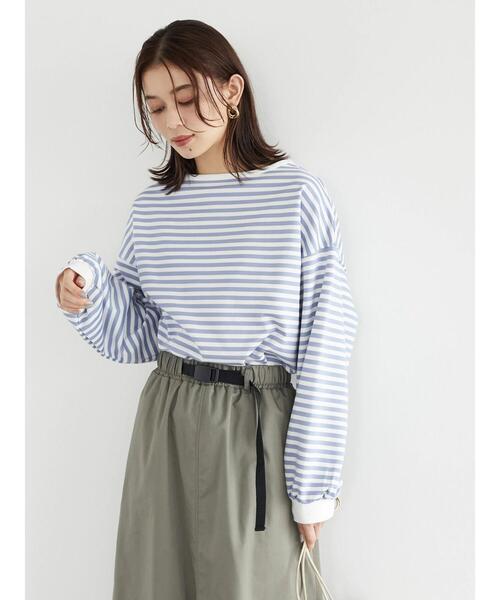 Green　Parks（グリーンパークス）の「ポンチボーダー袖ボリュームプルオーバー＊（Tシャツ/カットソー・レディース・ネイビー/サックスブルー/イエロー・FREE）」の8枚目の写真