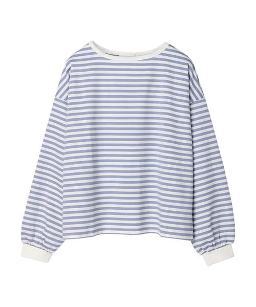 Green　Parks（グリーンパークス）の「ポンチボーダー袖ボリュームプルオーバー＊（Tシャツ/カットソー・レディース・ネイビー/サックスブルー/イエロー・FREE）」の9枚目の写真