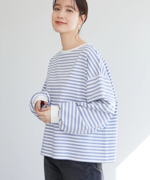 Green　Parks（グリーンパークス）の「ポンチボーダー袖ボリュームプルオーバー＊（Tシャツ/カットソー・レディース・ネイビー/サックスブルー/イエロー・FREE）」の2枚目の写真