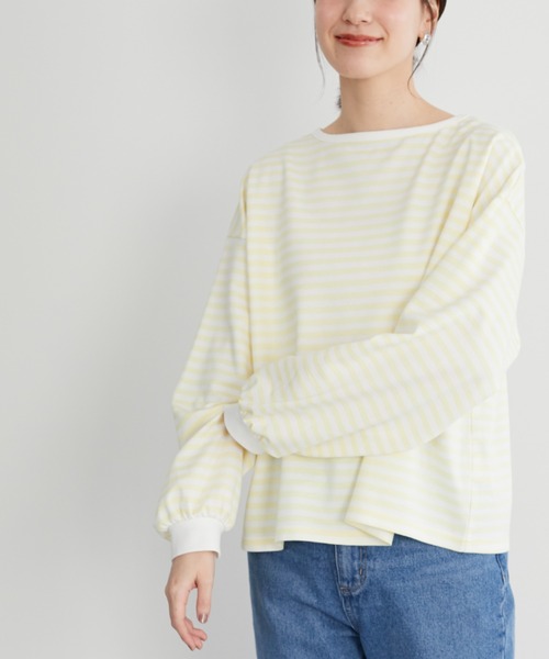 Green　Parks（グリーンパークス）の「ポンチボーダー袖ボリュームプルオーバー＊（Tシャツ/カットソー・レディース・ネイビー/サックスブルー/イエロー・FREE）」の3枚目の写真