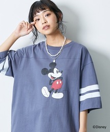 大きいサイズ ディズニー ミッキー/ヴィンテージ風プリント袖ラインバックロゴTシャツ