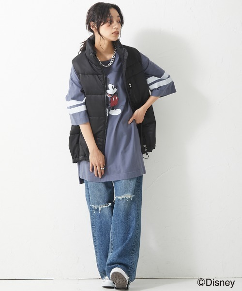 Disney（ディズニー）の「大きいサイズ ディズニー ミッキー/ヴィンテージ風プリント袖ラインバックロゴTシャツ（Tシャツ/カットソー・レディース・チャコールグレー/ベージュ/ネイビー・LL/L/4L/3L）」の19枚目の写真