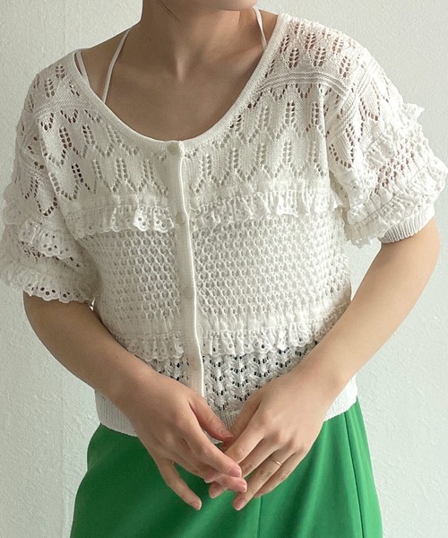 w closet（ダブルクローゼット）の「透かしレース付きカーディガン（カーディガン/ボレロ・レディース・オフホワイト/オレンジ/サックスブルー系・FREE）」の6枚目の写真