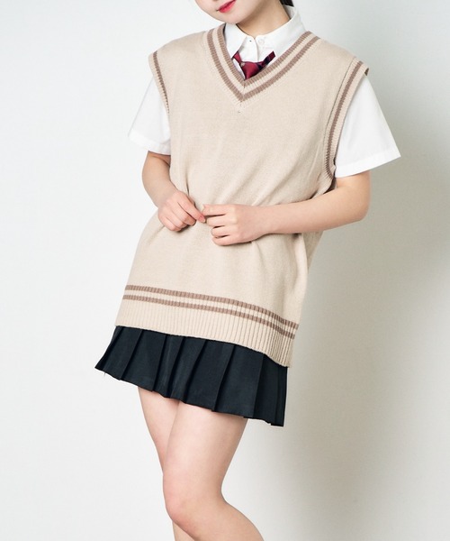 WEGO（ウィゴー）の「WEGO/【25年春夏新色】ラインスクールニットベスト（ベスト・レディース・ベージュ/ネイビー/オフホワイト/サックスブルー/マスタード/ライトピンク・FREE）」の14枚目の写真