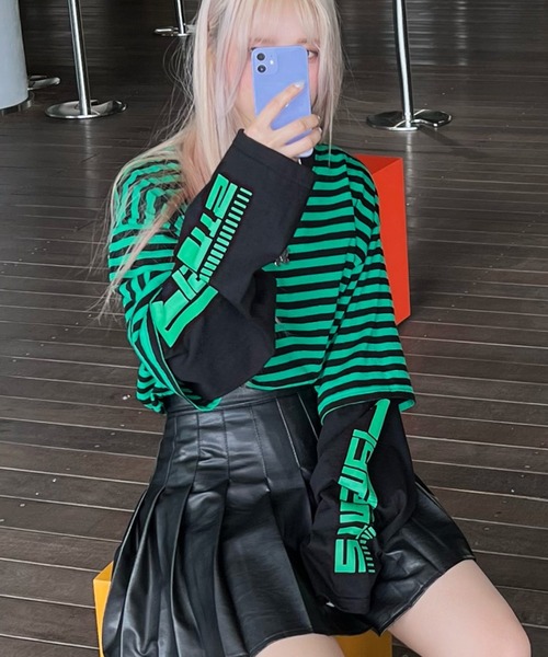 Figments（フィグメンツ）の「フェイクレイヤードボーダーロンＴ（Tシャツ/カットソー・レディース・ホワイト/グリーン/ブルー・SMALL/MEDIUM）」の2枚目の写真