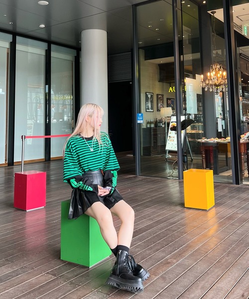 Figments（フィグメンツ）の「フェイクレイヤードボーダーロンＴ（Tシャツ/カットソー・レディース・ホワイト/グリーン/ブルー・SMALL/MEDIUM）」の7枚目の写真