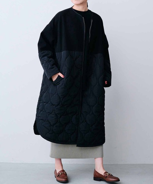 【完売品】ＩＥＤＩＴ　メルトンキルティングコート〈ブラック〉 IEDIT ウール混メルトン遣いの上品アクティブなキルティング