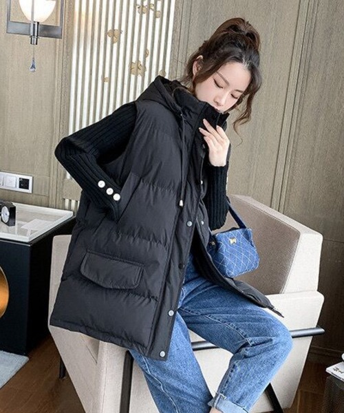 AsRiRe(アスリレイ)の「【AsRiRe】中綿スタンドネックダウンベスト フード取り外し可能(ダウンベスト・レディース・ブラック/ピンク/アイボリー・M)」の8枚目の写真