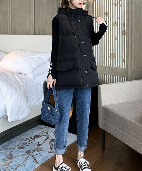 AsRiRe(アスリレイ)の「【AsRiRe】中綿スタンドネックダウンベスト フード取り外し可能(ダウンベスト・レディース・ブラック/ピンク/アイボリー・M)」の9枚目の写真