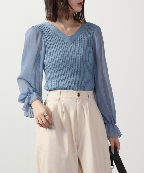 &soiree(アンドソワレ)の「&soiree ケーブルニットシフォンコンビトップス 長袖(ニット/セーター・レディース・ブラック/ホワイト/ブルー・F)」の22枚目の写真