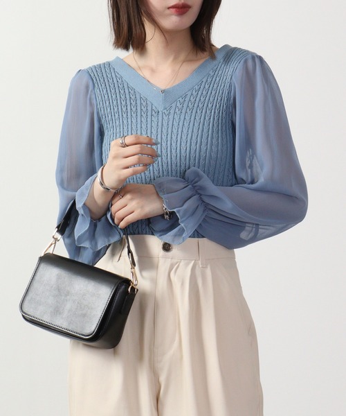 &soiree(アンドソワレ)の「&soiree ケーブルニットシフォンコンビトップス 長袖(ニット/セーター・レディース・ブラック/ホワイト/ブルー・F)」の20枚目の写真