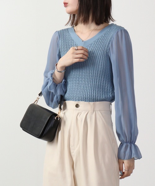 &soiree(アンドソワレ)の「&soiree ケーブルニットシフォンコンビトップス 長袖(ニット/セーター・レディース・ブラック/ホワイト/ブルー・F)」の21枚目の写真