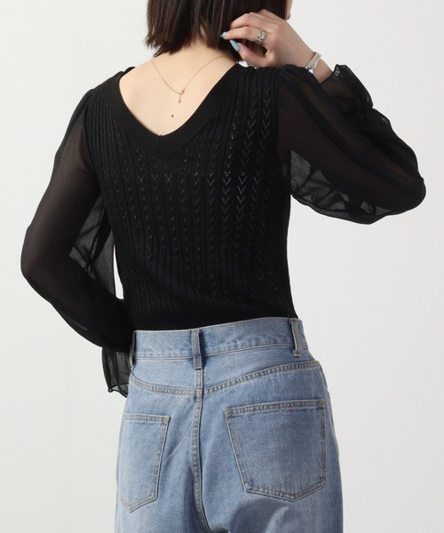 &soiree(アンドソワレ)の「&soiree ケーブルニットシフォンコンビトップス 長袖(ニット/セーター・レディース・ブラック/ホワイト/ブルー・F)」の15枚目の写真