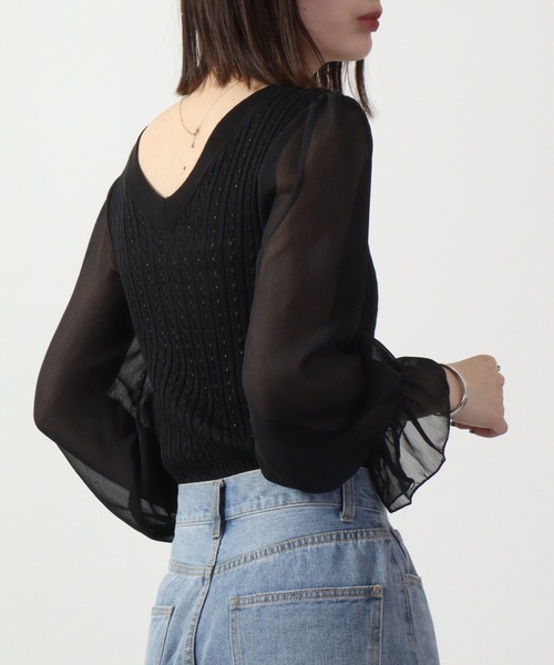 &soiree(アンドソワレ)の「&soiree ケーブルニットシフォンコンビトップス 長袖(ニット/セーター・レディース・ブラック/ホワイト/ブルー・F)」の14枚目の写真