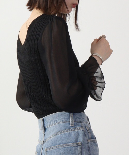 &soiree(アンドソワレ)の「&soiree ケーブルニットシフォンコンビトップス 長袖(ニット/セーター・レディース・ブラック/ホワイト/ブルー・F)」の13枚目の写真