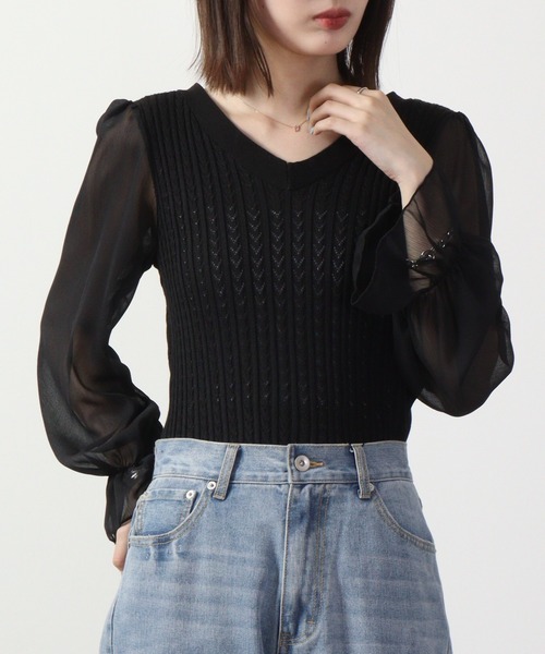 &soiree(アンドソワレ)の「&soiree ケーブルニットシフォンコンビトップス 長袖(ニット/セーター・レディース・ブラック/ホワイト/ブルー・F)」の8枚目の写真