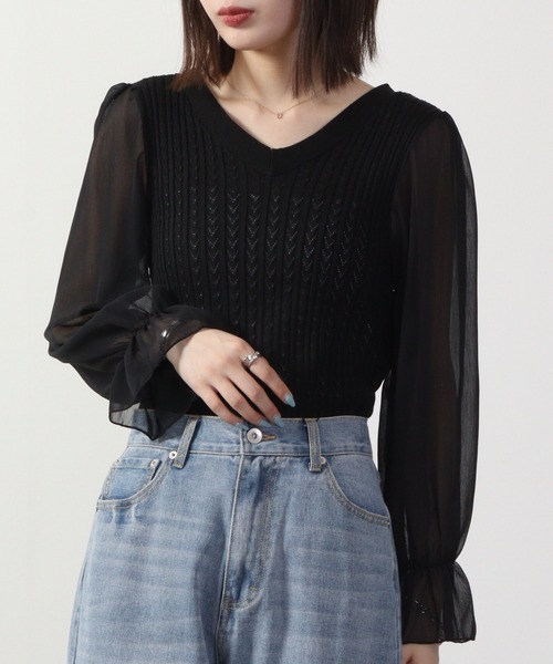 &soiree(アンドソワレ)の「&soiree ケーブルニットシフォンコンビトップス 長袖(ニット/セーター・レディース・ブラック/ホワイト/ブルー・F)」の7枚目の写真