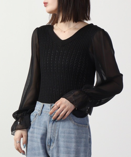 &soiree(アンドソワレ)の「&soiree ケーブルニットシフォンコンビトップス 長袖(ニット/セーター・レディース・ブラック/ホワイト/ブルー・F)」の9枚目の写真
