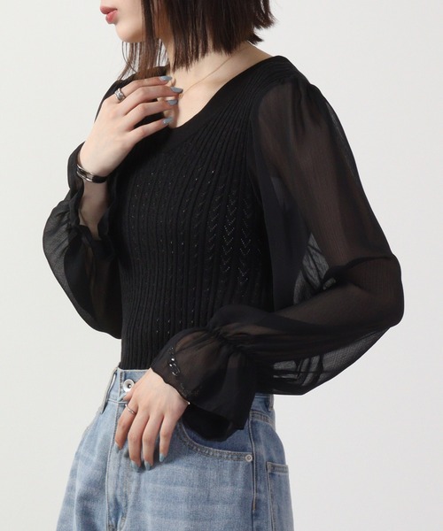 &soiree(アンドソワレ)の「&soiree ケーブルニットシフォンコンビトップス 長袖(ニット/セーター・レディース・ブラック/ホワイト/ブルー・F)」の10枚目の写真