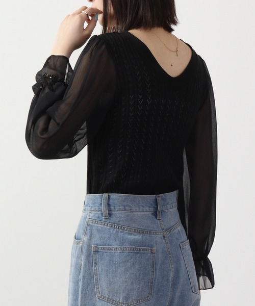 &soiree(アンドソワレ)の「&soiree ケーブルニットシフォンコンビトップス 長袖(ニット/セーター・レディース・ブラック/ホワイト/ブルー・F)」の12枚目の写真